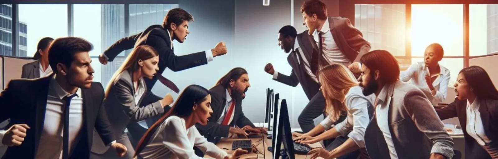 Office workers in suits squaring up to each other across a row of desks and monitors
