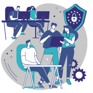 An illustration of an office with people at desks and a padlock on a shield beside them.