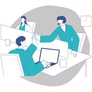 An illustration of colleagues meeting across a desk, one of them joining on screen.