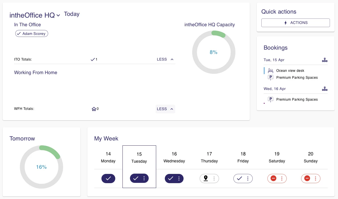 The intheOffice dashboard showing a routine and the desks booked for the day