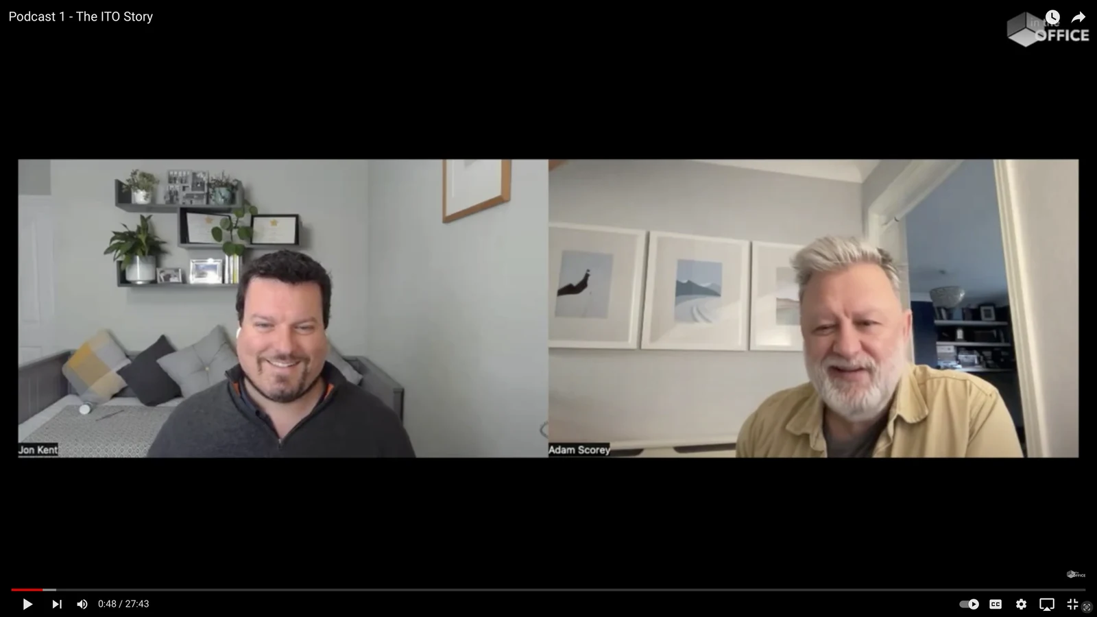 Jon Kent and Adam Scorey on a video call, recording the first episode of intheOffice Cast
