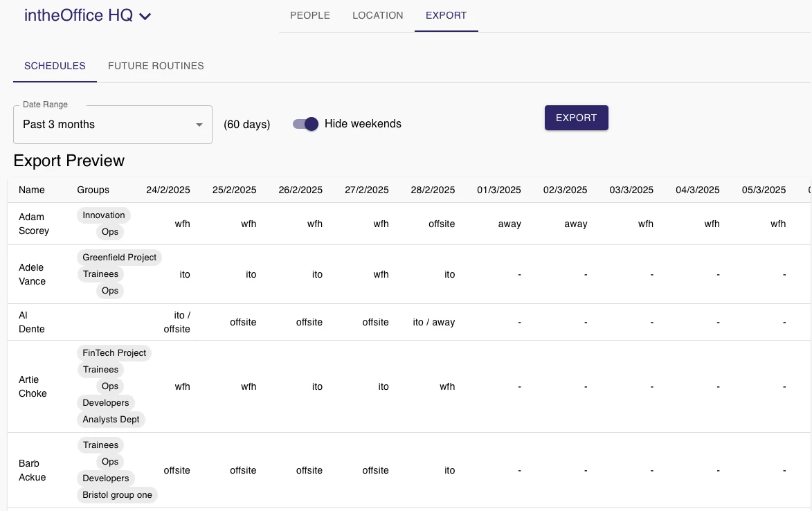 The Export view with its Schedules and Future Routines tabs, a date range of the past three months, a hide-weekends switch and a preview of the file to be exported.