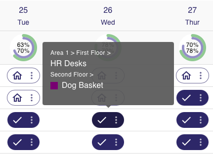 The intheOffice Schedule view showing bookable spaces by time period