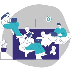 An illustration of colleagues working at several places on a map, each with a pin.