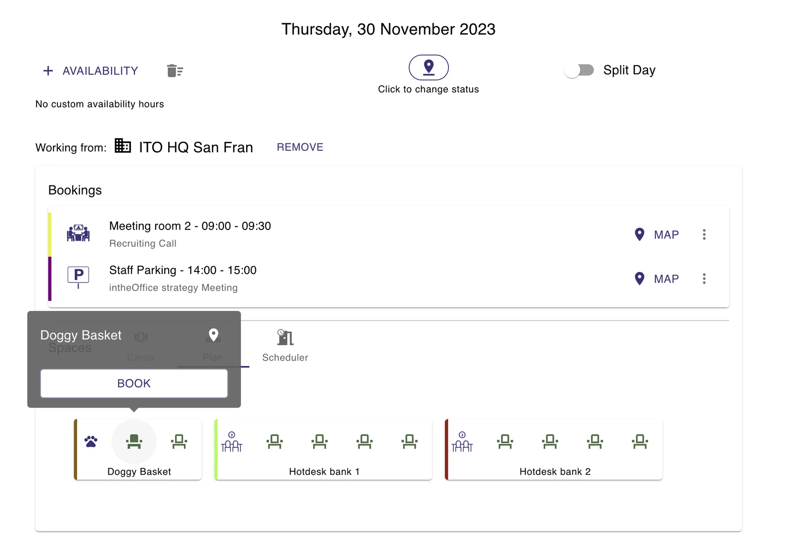 The Cards view showing bookable spaces after a location has been selected