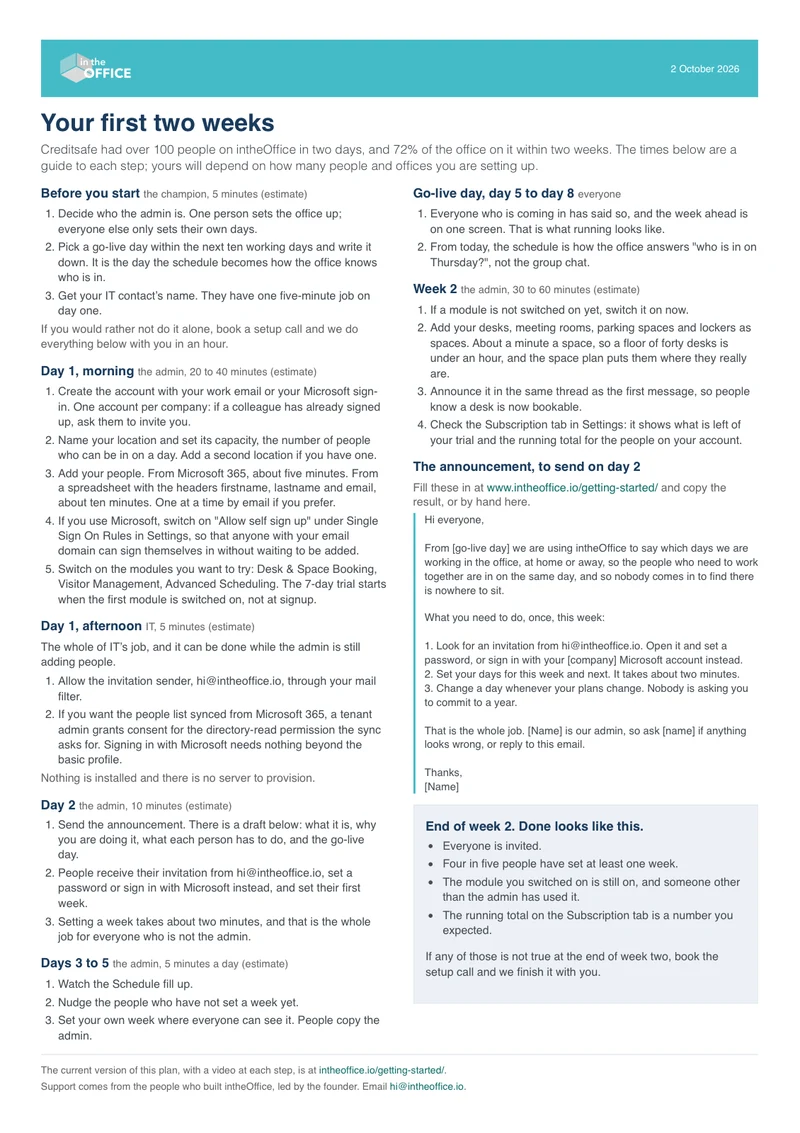 Cover of Your first two weeks, the one-page onboarding checklist